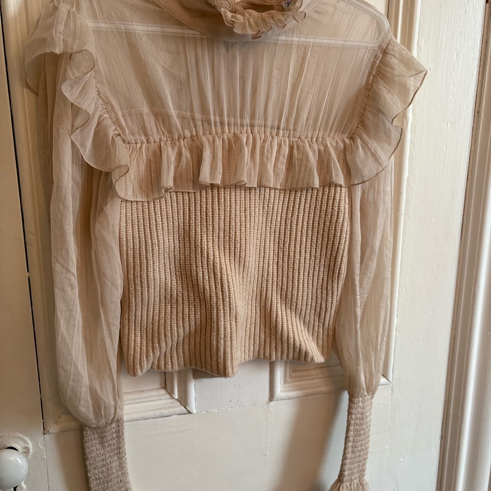 Zara Beige Sheer Ruffle Blouse